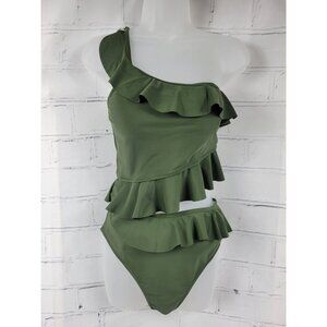 CUTOUT SWIMSUIT Womens XL Green Ruffled Off Shoulder Bathing Suit One Piece NWT